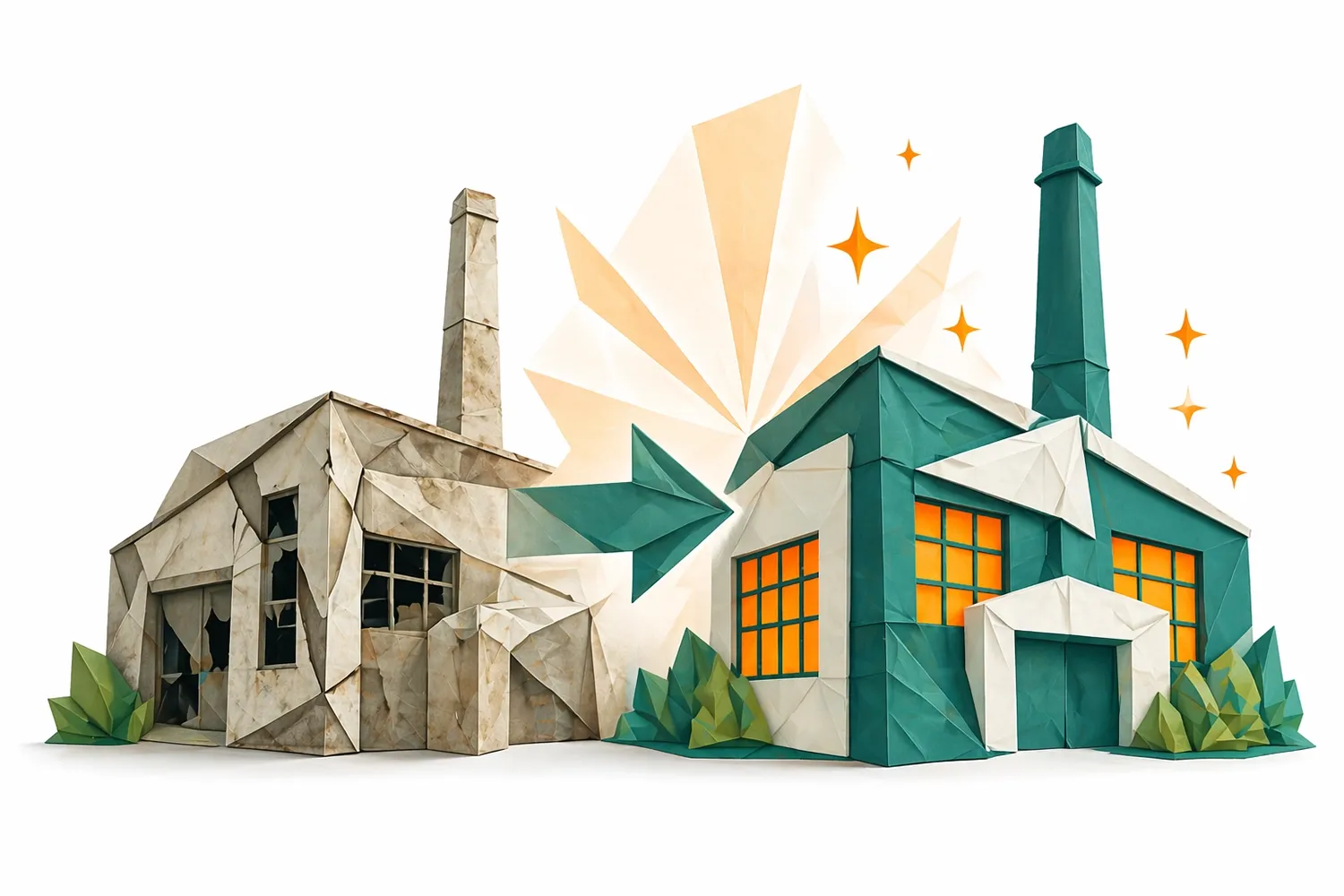 Links sieht man eine aus Fabrikruine im Low-Poly-Stil. Rechts daneben die gleiche Fabrik, aber renoviert und modernisiert.